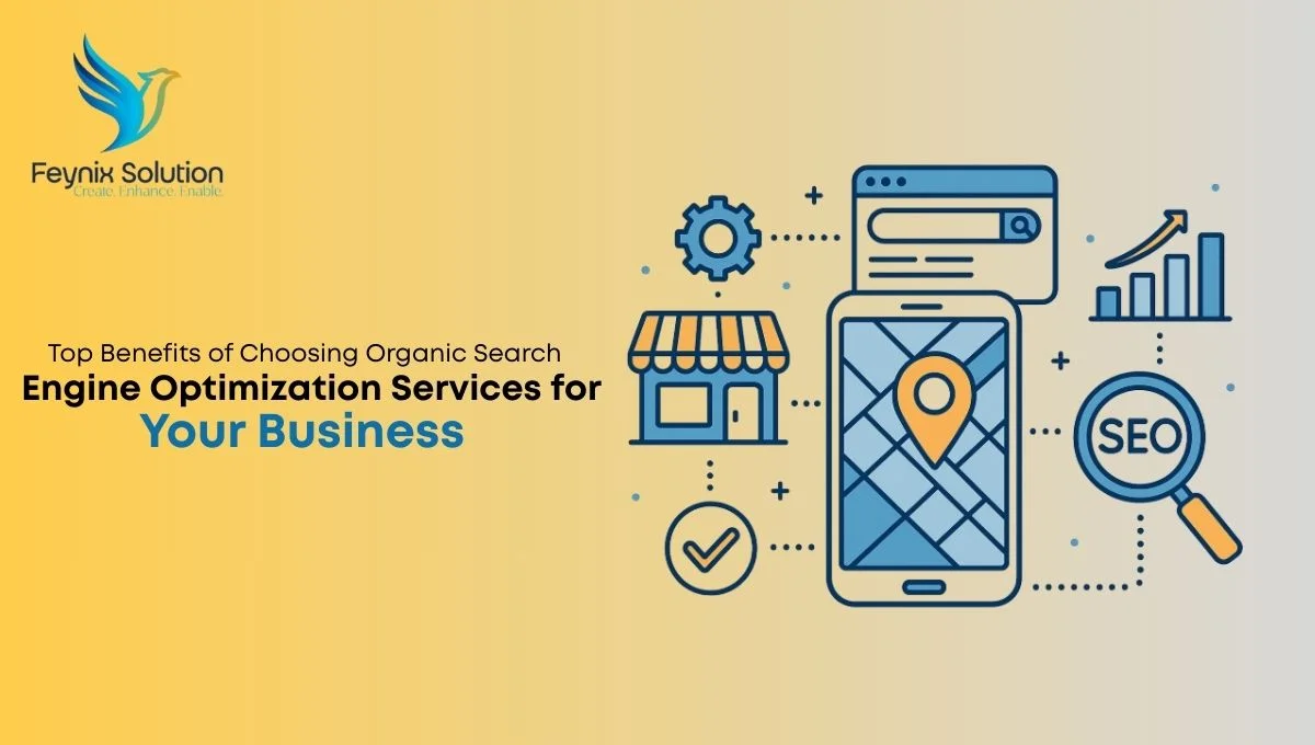 Illustration showing Organic Search Engine Optimization Services with website analytics, SEO strategy, and keyword optimization icons